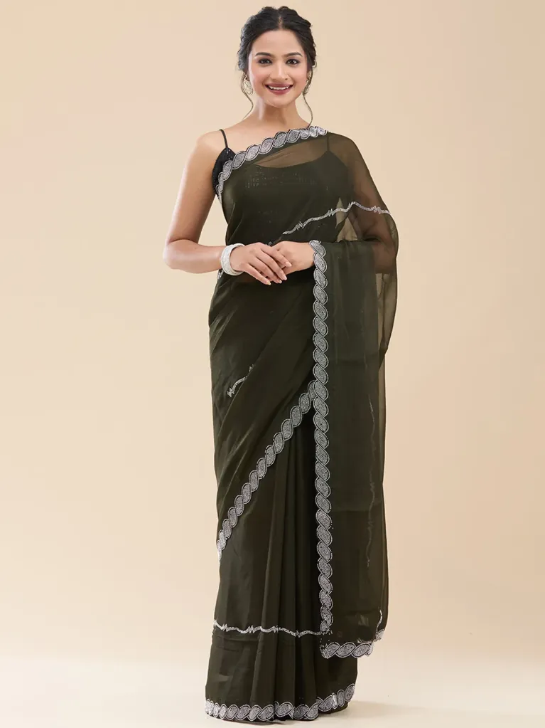 [VC26-VEER-D40-05] Vervee Couture Olive Green Georgette Saree | Veer