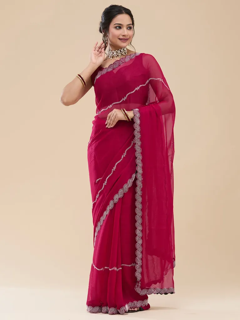 Vervee Couture Deep Rani Rose Pink Georgette Saree | Veer