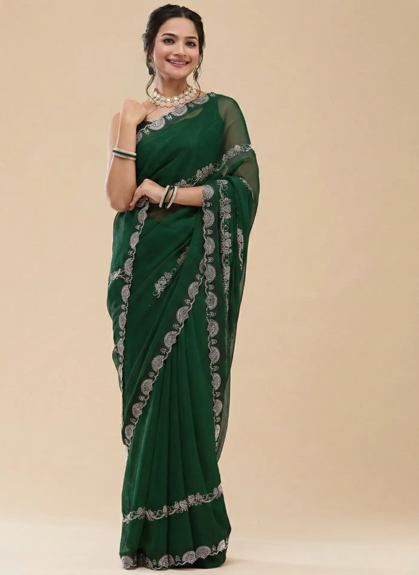 [VC26-NATASHA-D41-01] Vervee Couture Bottle Green Georgette Saree | Natasha