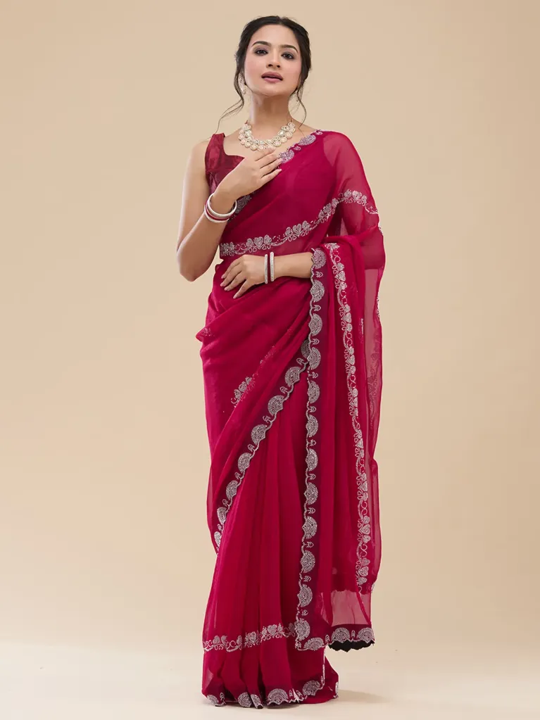 Vervee Couture Deep Rani Rose Pink Georgette Saree | Natasha