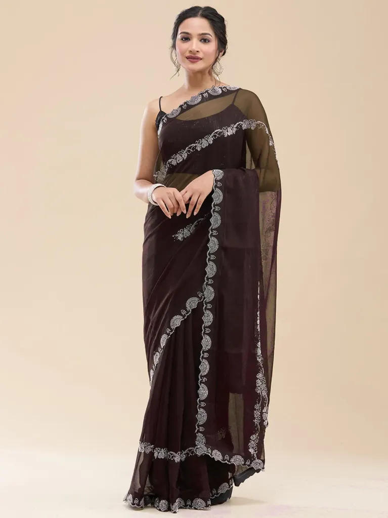 [VC26-NATASHA-D41-03] Vervee Couture Coffe Brown Georgette Saree | Natasha