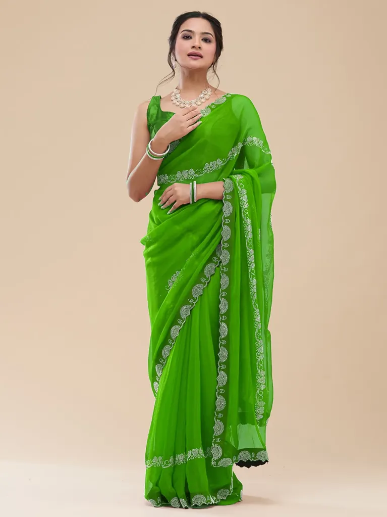 [VC26-NATASHA-D41-04] Vervee Couture Olive Green Georgette Saree | Natasha