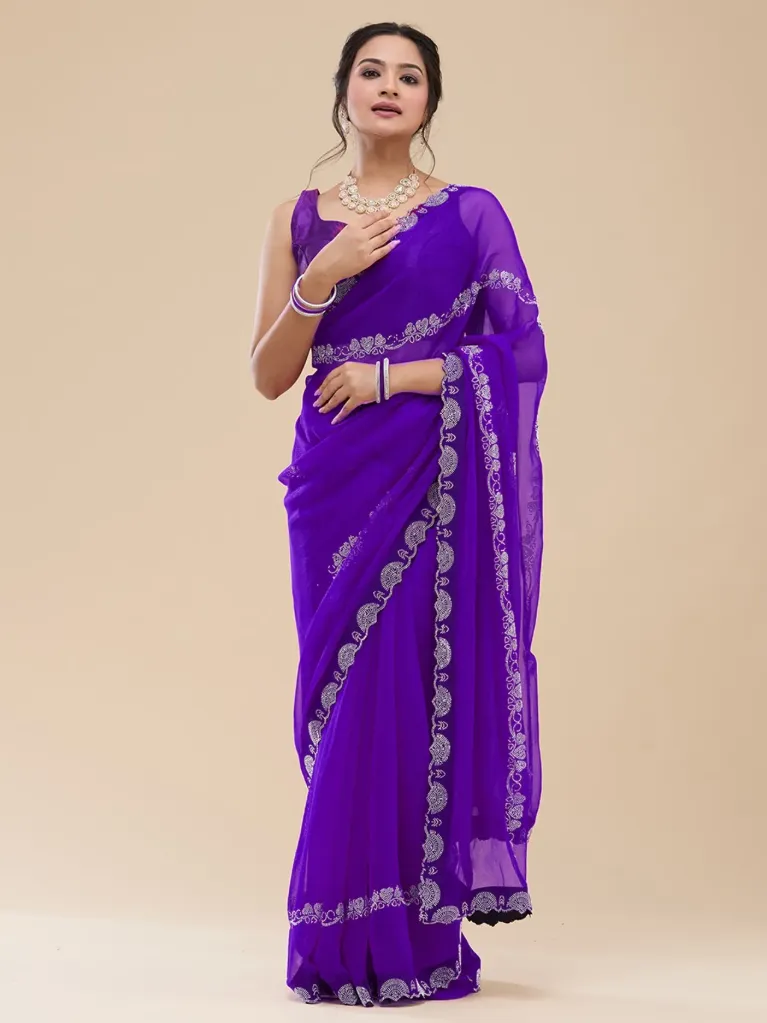 Vervee Couture Deep Royal Purple Georgette Saree | Natasha