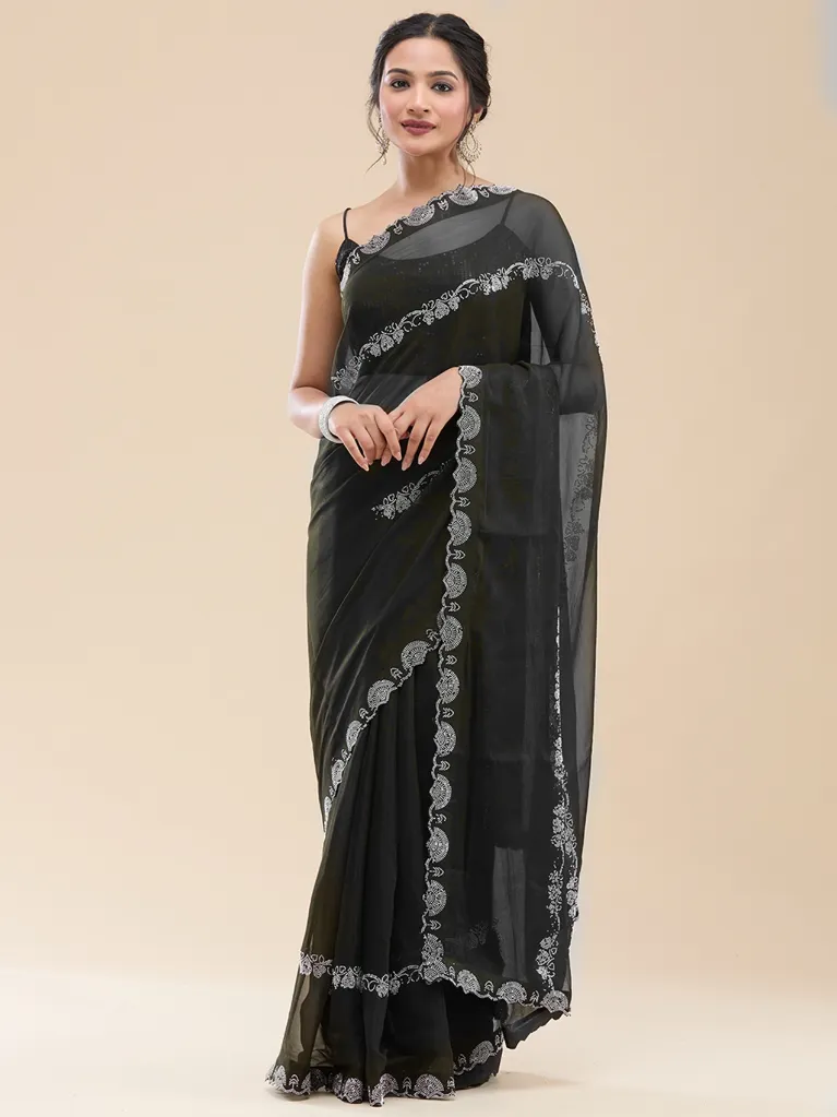[VC26-NATASHA-D41-06] Vervee Couture Charcoal Black Georgette Saree | Natasha