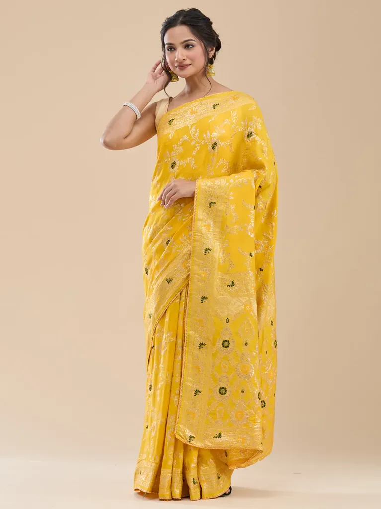 [VC26-NASIR-D42-01] Vervee Couture Mustrad Yellow Brocade Saree | Nasir