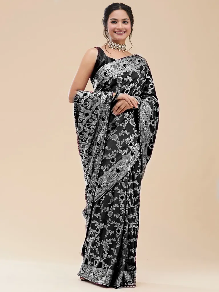 [VC26-NASIR-D42-04] Vervee Couture Charcoal Black Brocade Saree | Nasir