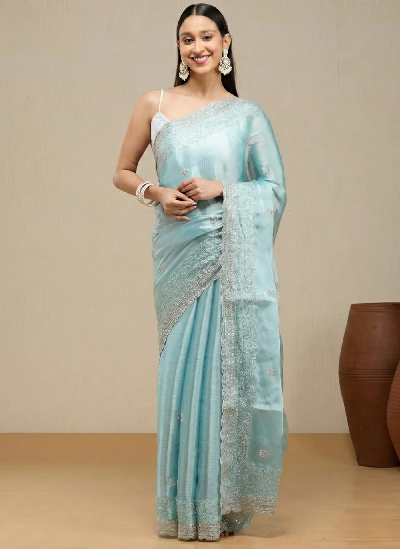 [VC26-VRIKA-D43-01] Vervee Couture Soft Dusty Aqua Blue Silk Blend Saree | Vrika