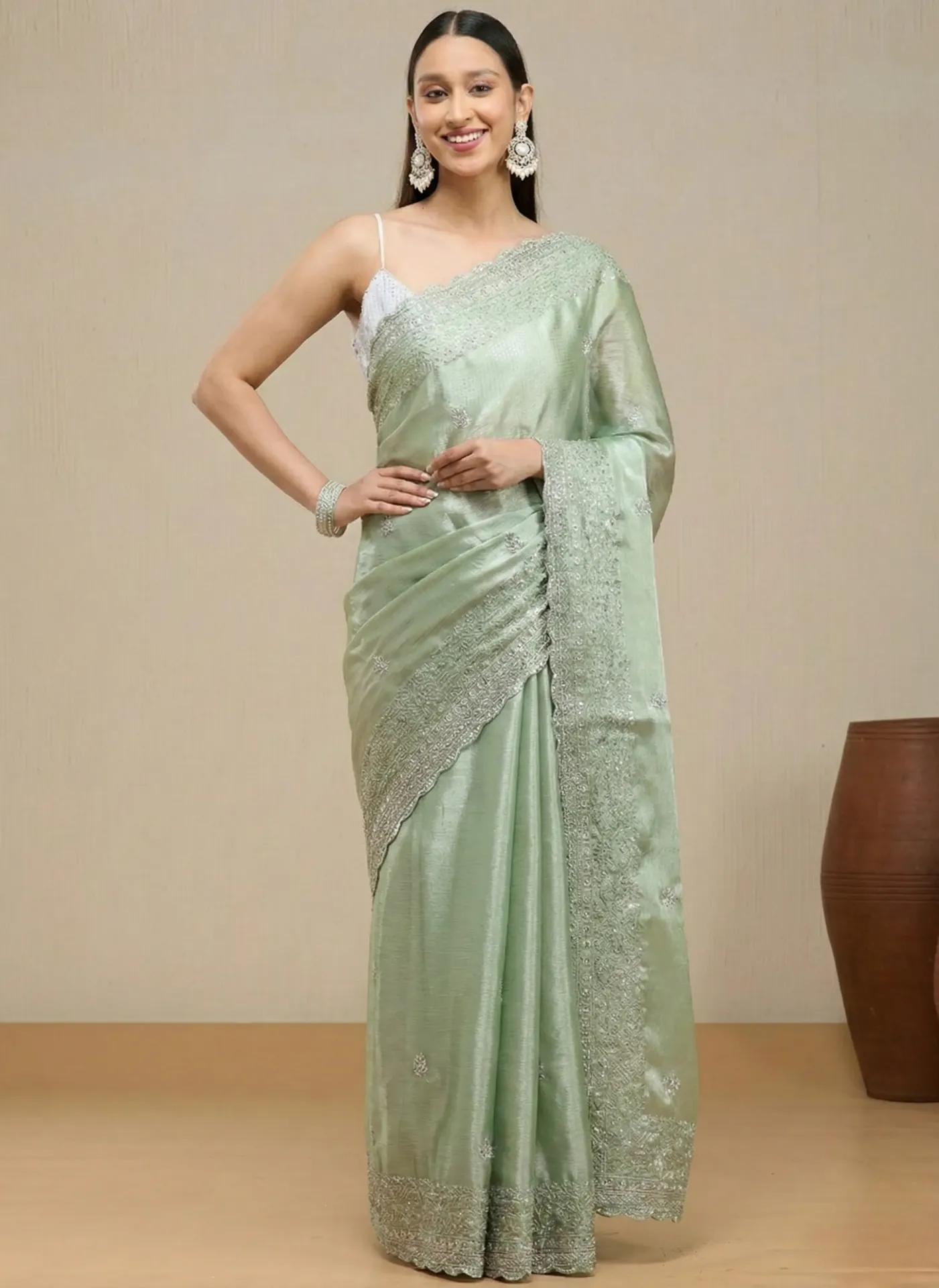 [VC26-VRIKA-D43-02] Vervee Couture Muted Sage Olive Green Silk Blend Saree | Vrika