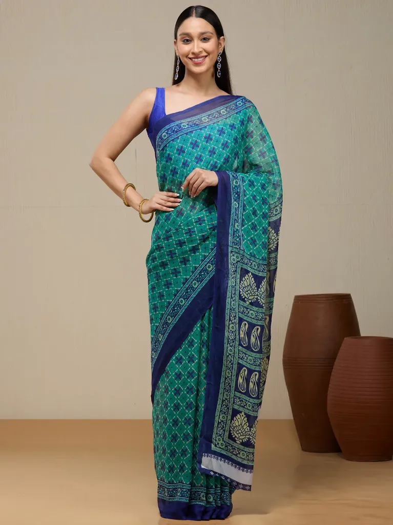Vervee Couture Fresh Leaf Green Georgette Saree | Viavya