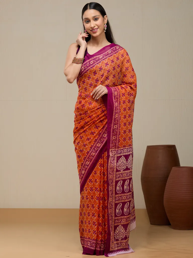Vervee Couture Vibrant Coral Orange Georgette Saree | Viavya