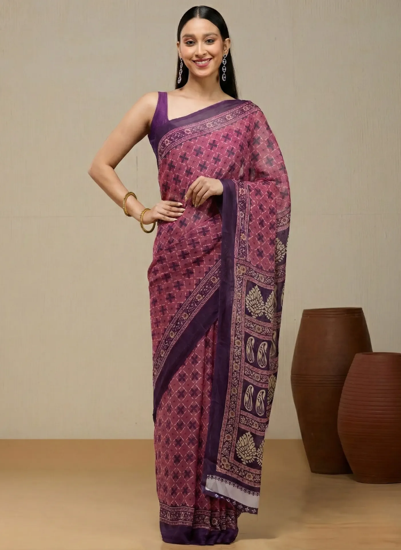 Vervee Couture Deep Rose Pink Georgette Saree | Viavya