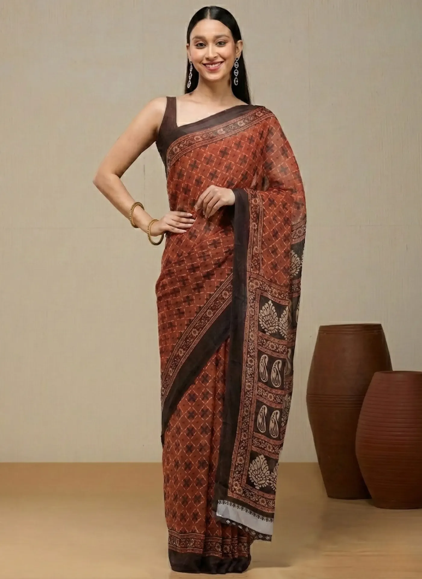 Vervee Couture Brick Red Georgette Saree | Viavya