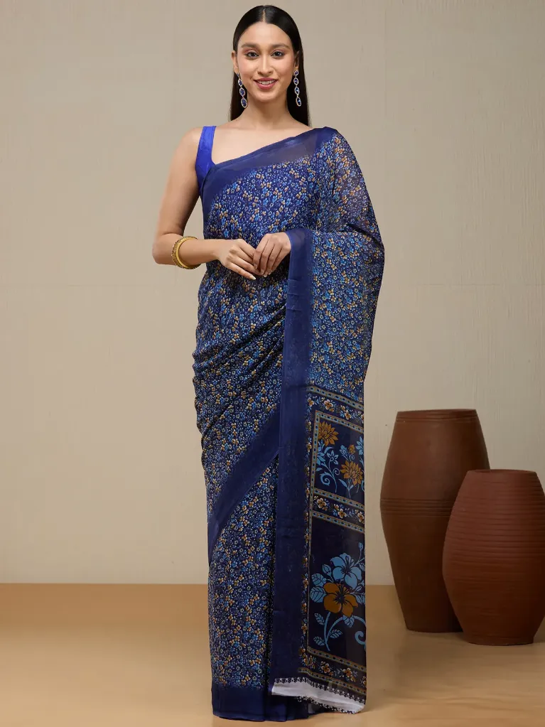 Vervee Couture Navy Blue Georgette Saree | Pushmaya