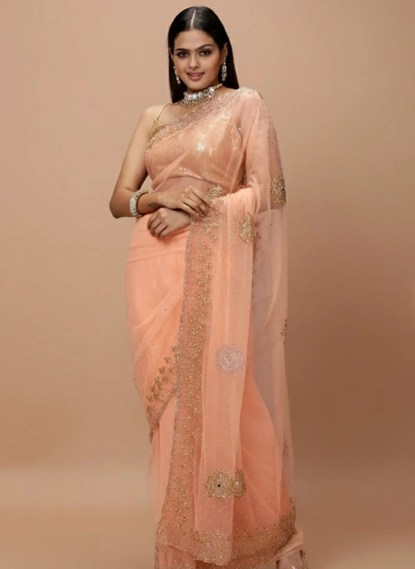 Vervee Couture Peach Net Saree | Ikrar