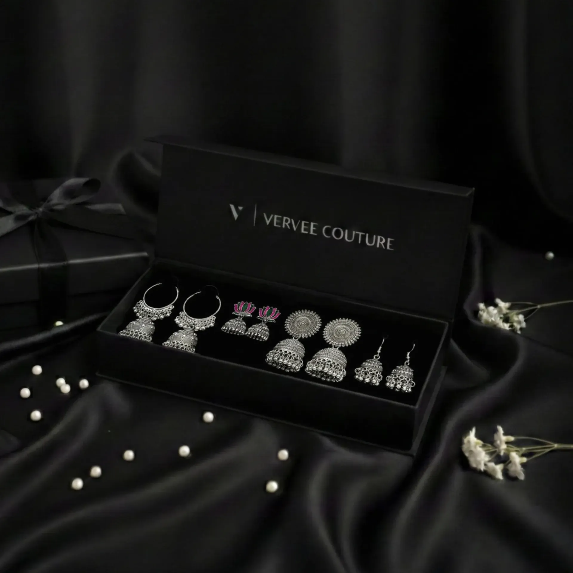 Vervee Couture Premium Oxidised Silver Jhumka Gift Set | 4 Pairs