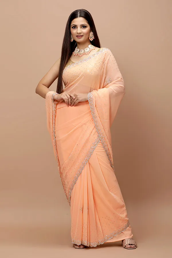 [VC26-IZAR-D05-05] Vervee Couture Peach Yellow Georgette Saree | Izar
