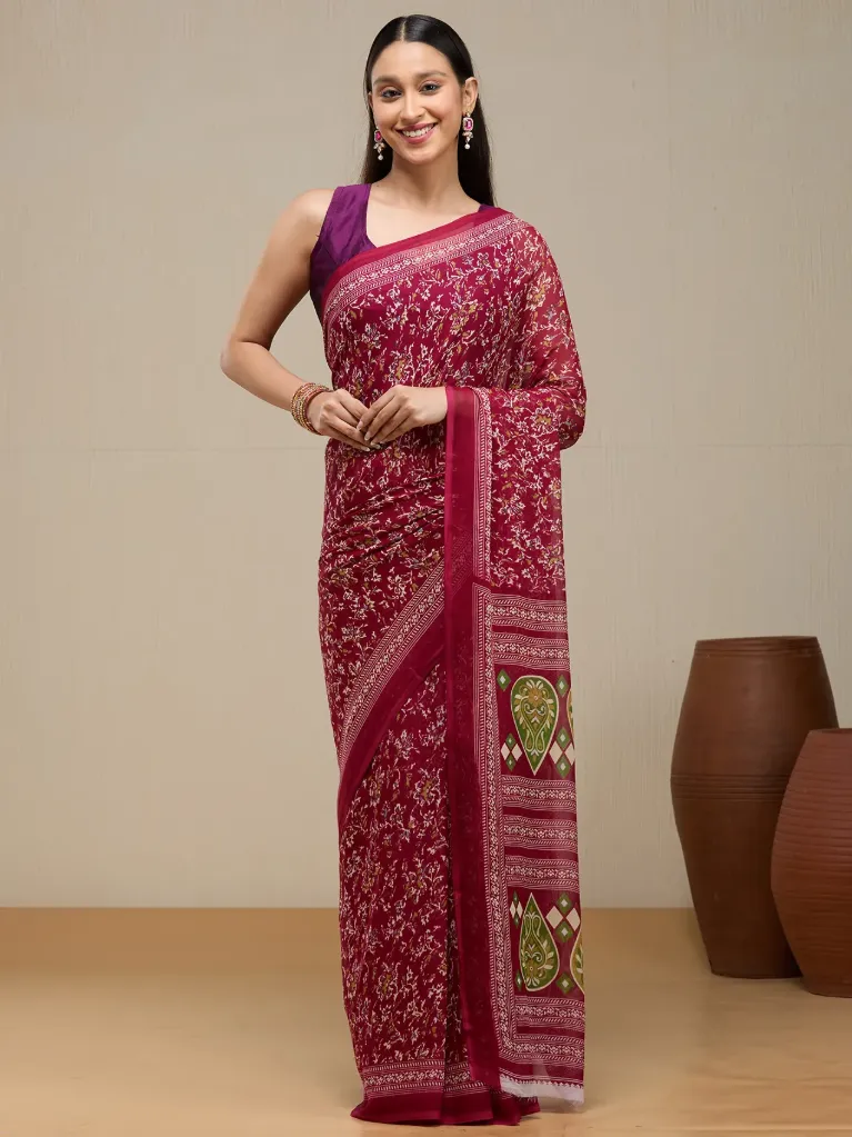 [VC26-NORA-D48-04] Vervee Couture Wine Maroon Georgette Saree | Nora