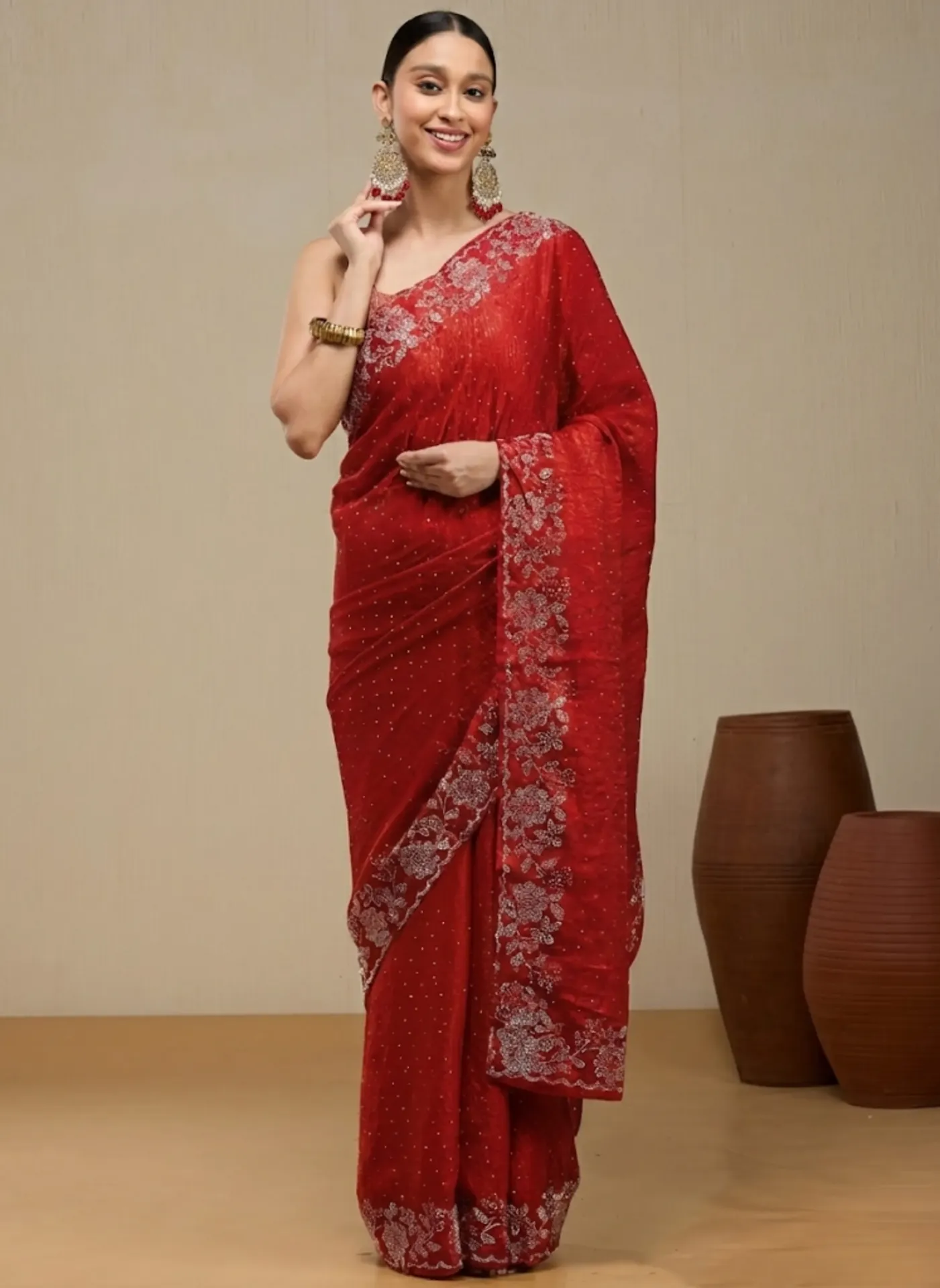 [VC26-NIA-D49-01] Vervee Couture Rich Crimson Red Silk Blend Saree | Nia