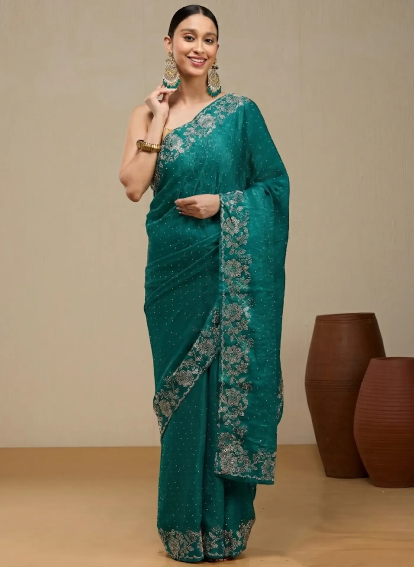 Vervee Couture Deep Teal Green Silk Blend Saree | Nia