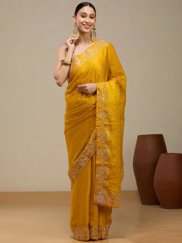 [VC26-NIA-D49-05] Vervee Couture Warm Mustard Yellow Silk Blend Saree | Nia