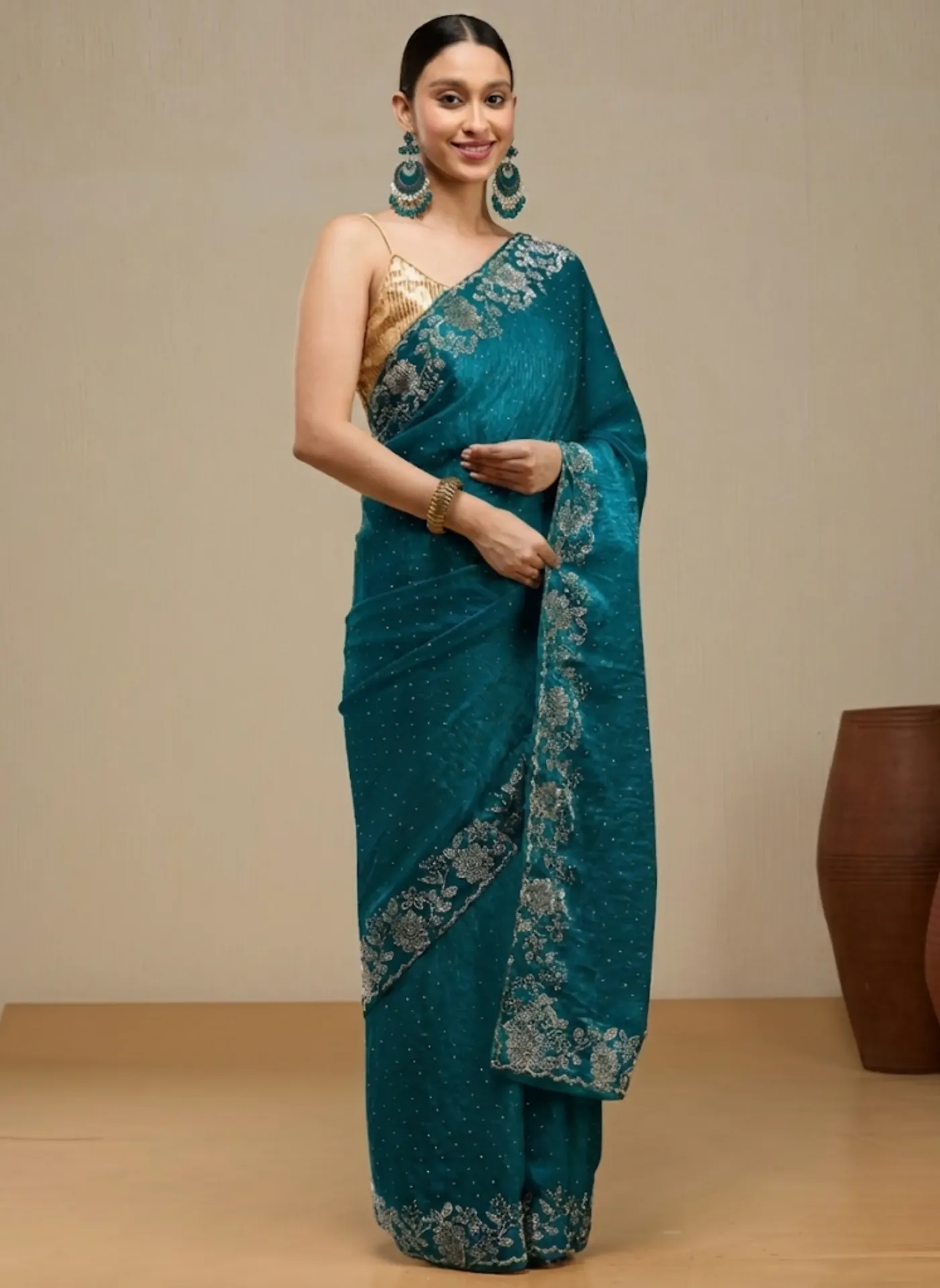 [VC26-NIA-D49-06] Vervee Couture Deep Teal Blue Silk Blend Saree | Nia