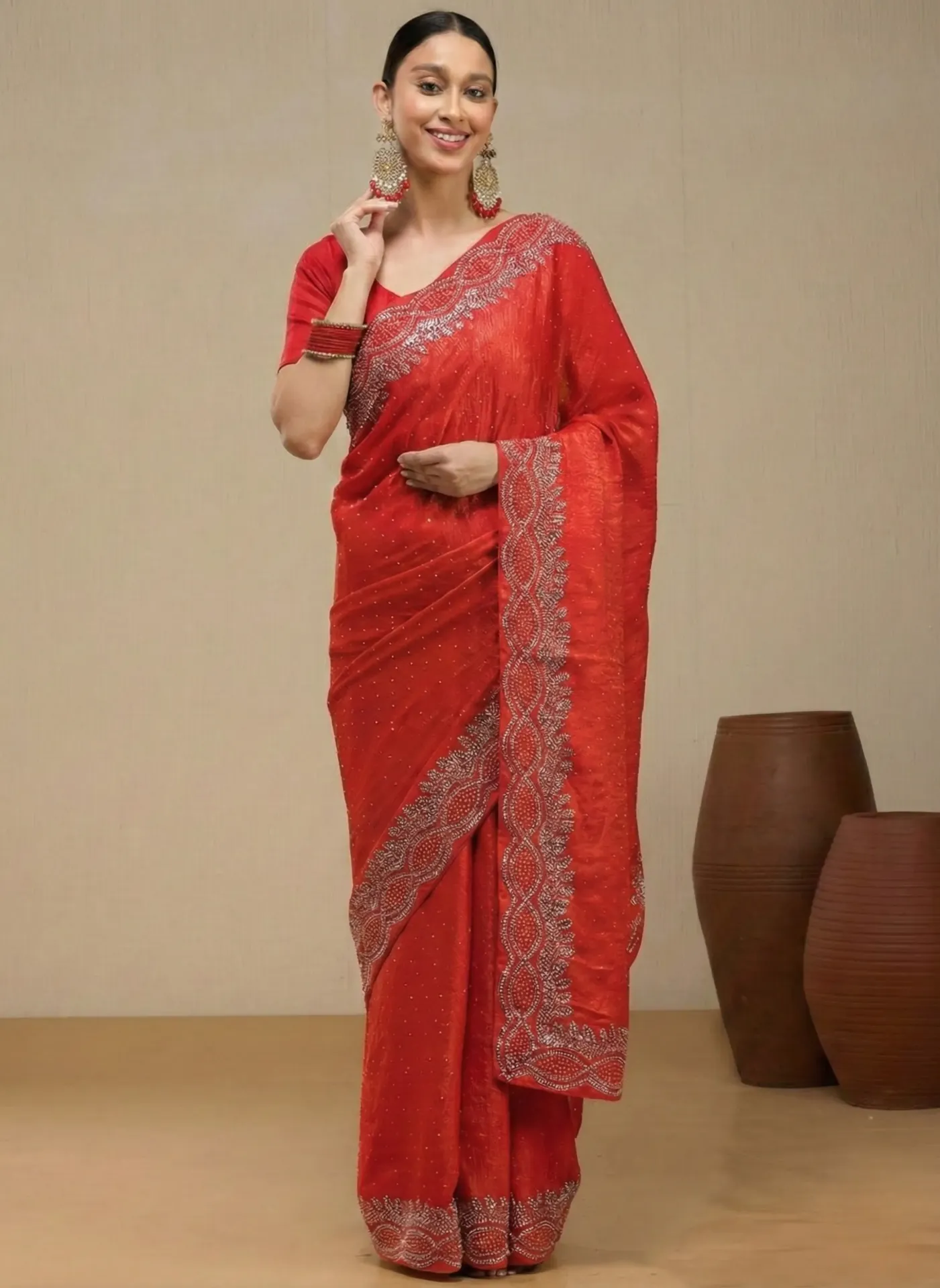 [VC26-NEEL-D50-01] Vervee Couture Rich Crimson Red Silk Blend Saree | Neel