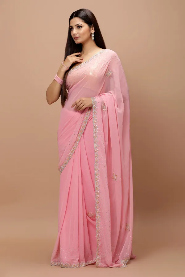 [VC26-IZAR-D05-04] Vervee Couture Pastle Pink Georgette Saree | Izar