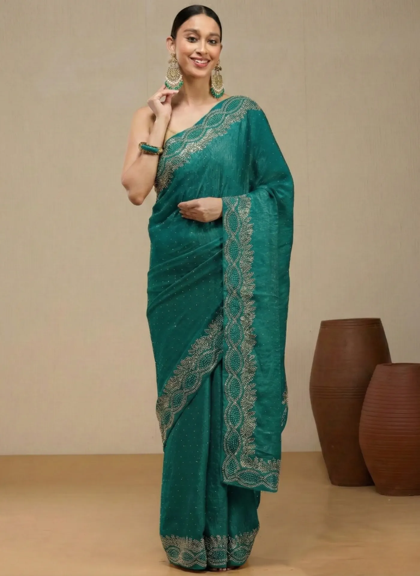 [VC26-NEEL-D50-02] Vervee Couture Deep Teal Green Silk Blend Saree | Neel