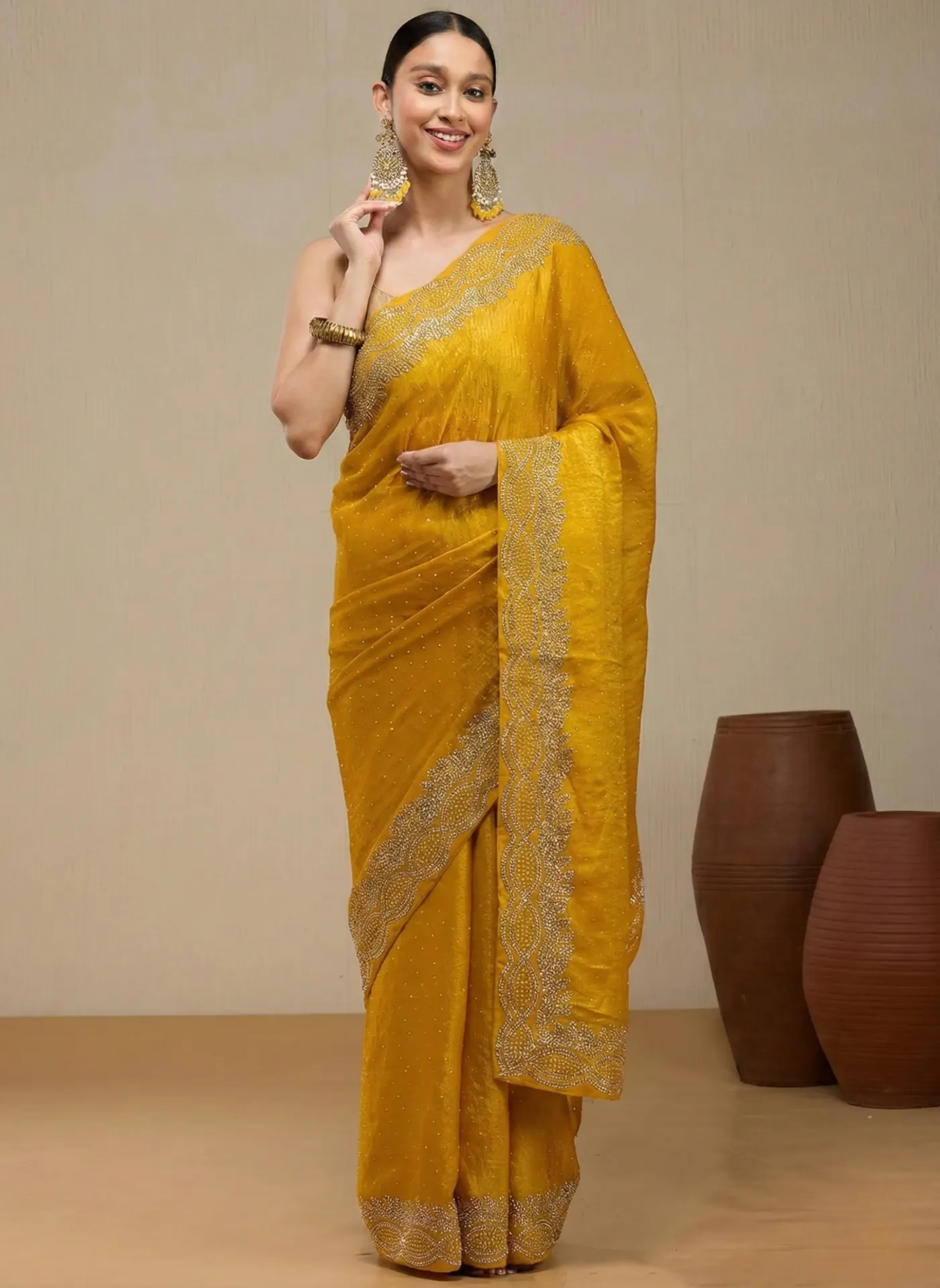 [VC26-NEEL-D50-03] Vervee Couture Warm Mustard Yellow Silk Blend Saree | Neel