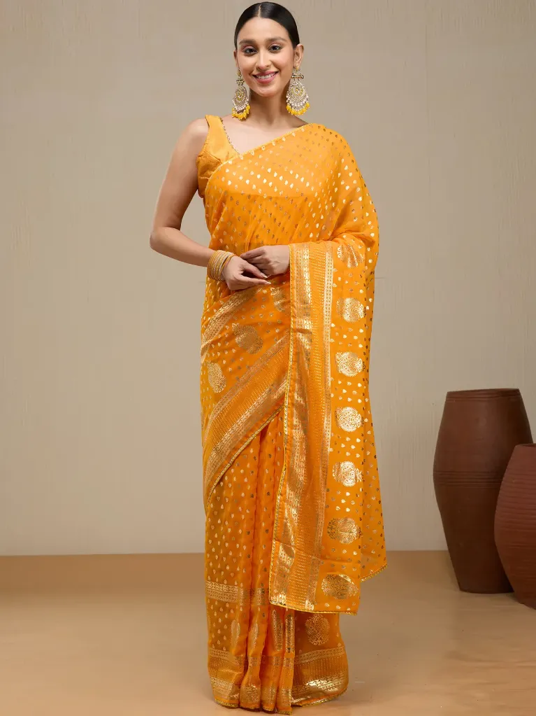 [VC26-AMRAPATRA-D51-04] Vervee Couture Bright Orange Georgette Saree | Amrapatra