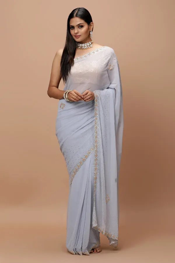 [VC26-IZAR-D05-03] Vervee Couture Slate Gray Georgette Saree | Izar