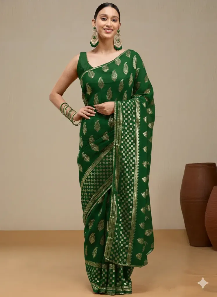 [VC26-VISYA-D52-01] Vervee Couture Bottle Green Georgette Saree | Visya