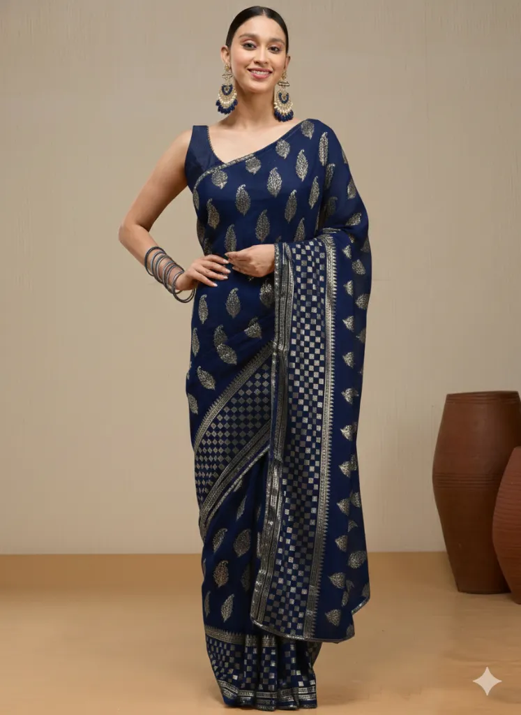 [VC26-VISYA-D52-02] Vervee Couture Midnight Blue Georgette Saree | Visya