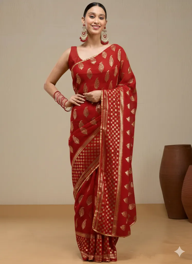 Vervee CoutureClassic Red Georgette Saree | Visya