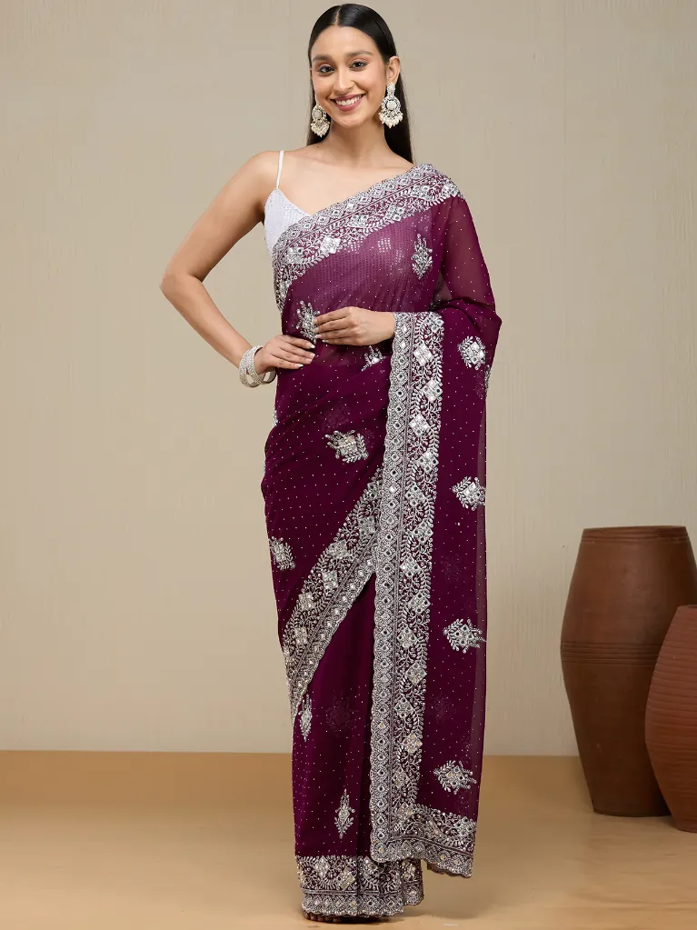 Vervee Couture Royal Purple Georgette Saree | Divyam