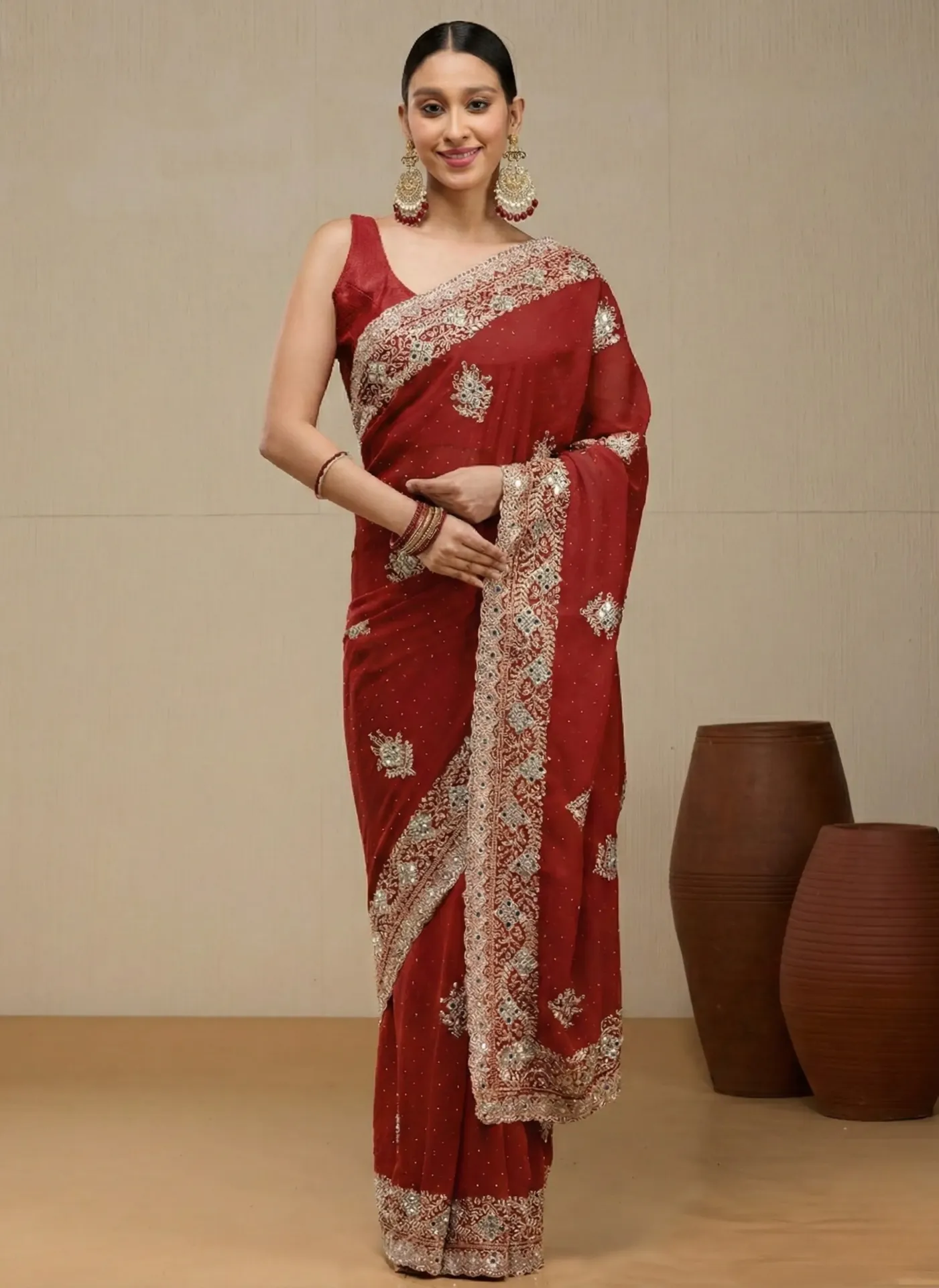 Vervee Couture Deep Wine Maroon Georgette Saree | Divyam