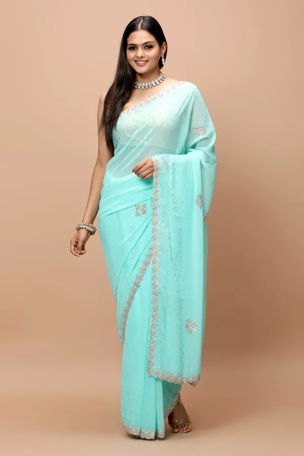 [VC26-IZAR-D05-01] Vervee Couture Aqua Blue Georgette Saree | Izar