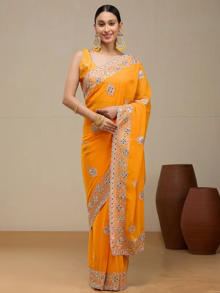[VC26-DIVYAM-D53-03] Vervee Couture Bright Festive Orange Georgette Saree | Divyam