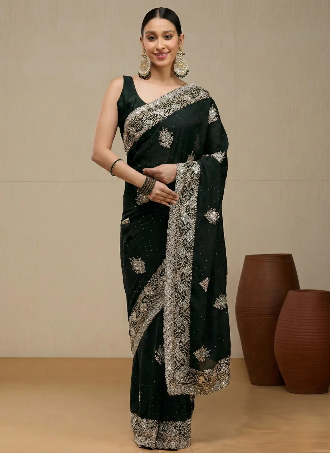 [VC26-DIVYAM-D53-04] Vervee Couture Charcoal Black Georgette Saree | Divyam