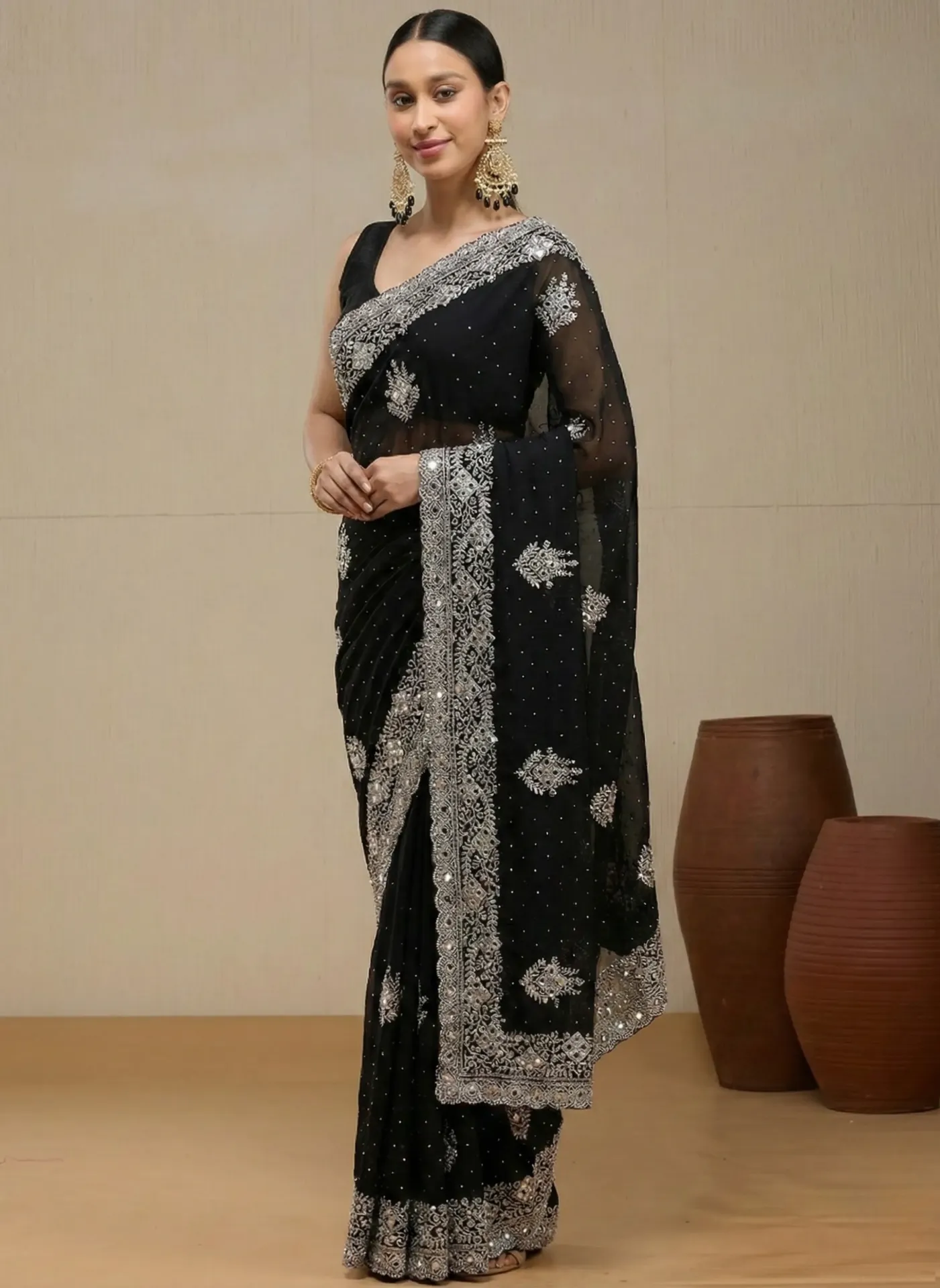Vervee Couture Classic Jet Black Georgette Saree | Divyam