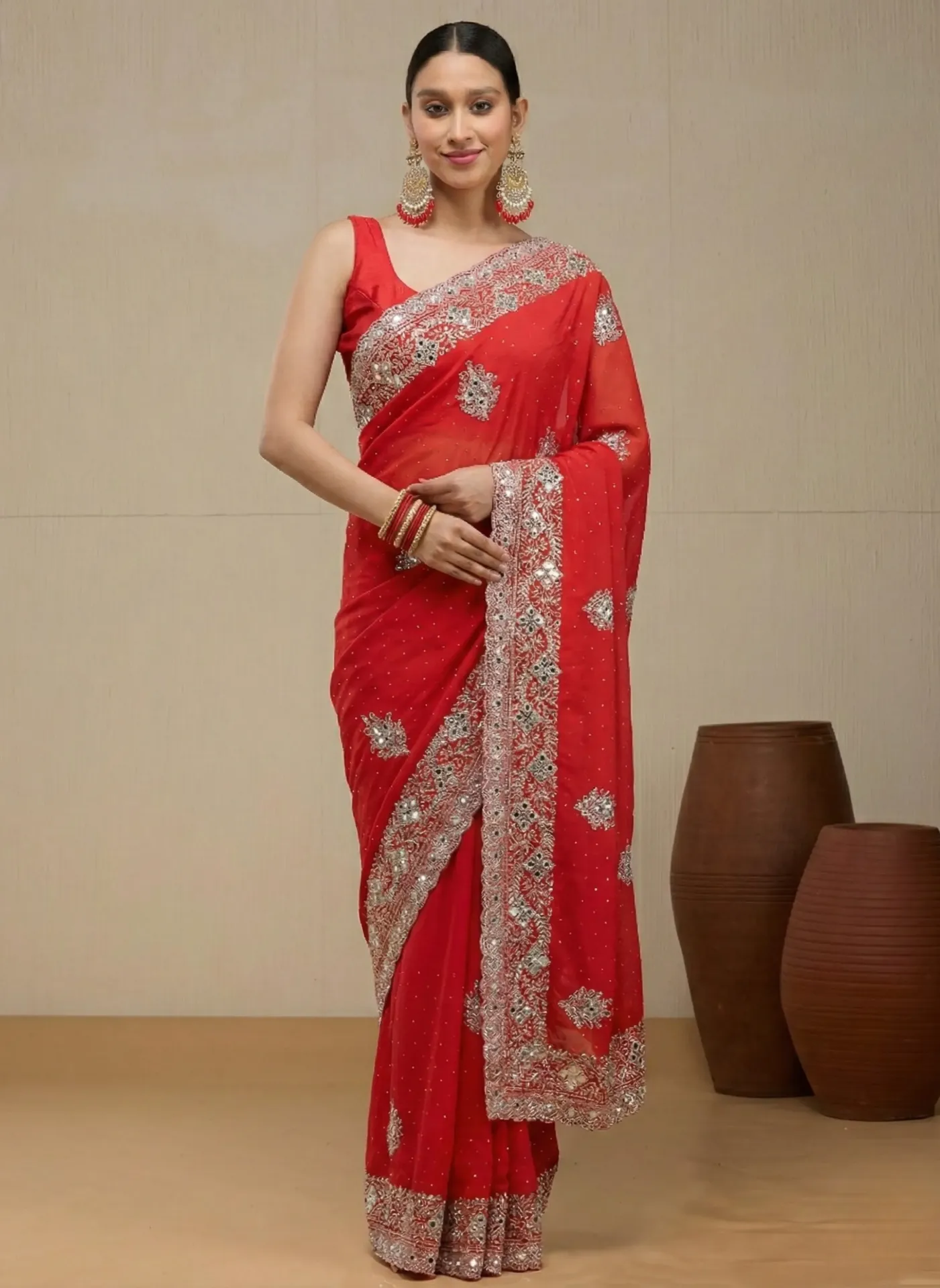 Vervee Couture Rich Crimson Red Georgette Saree | Divyam