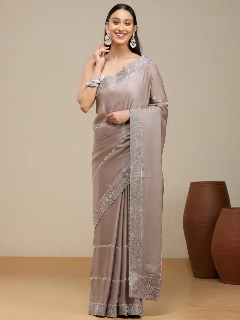[VC26-ORGANZA-D54-01] Vervee Couture Ash Grey Georgette Saree | Jiya