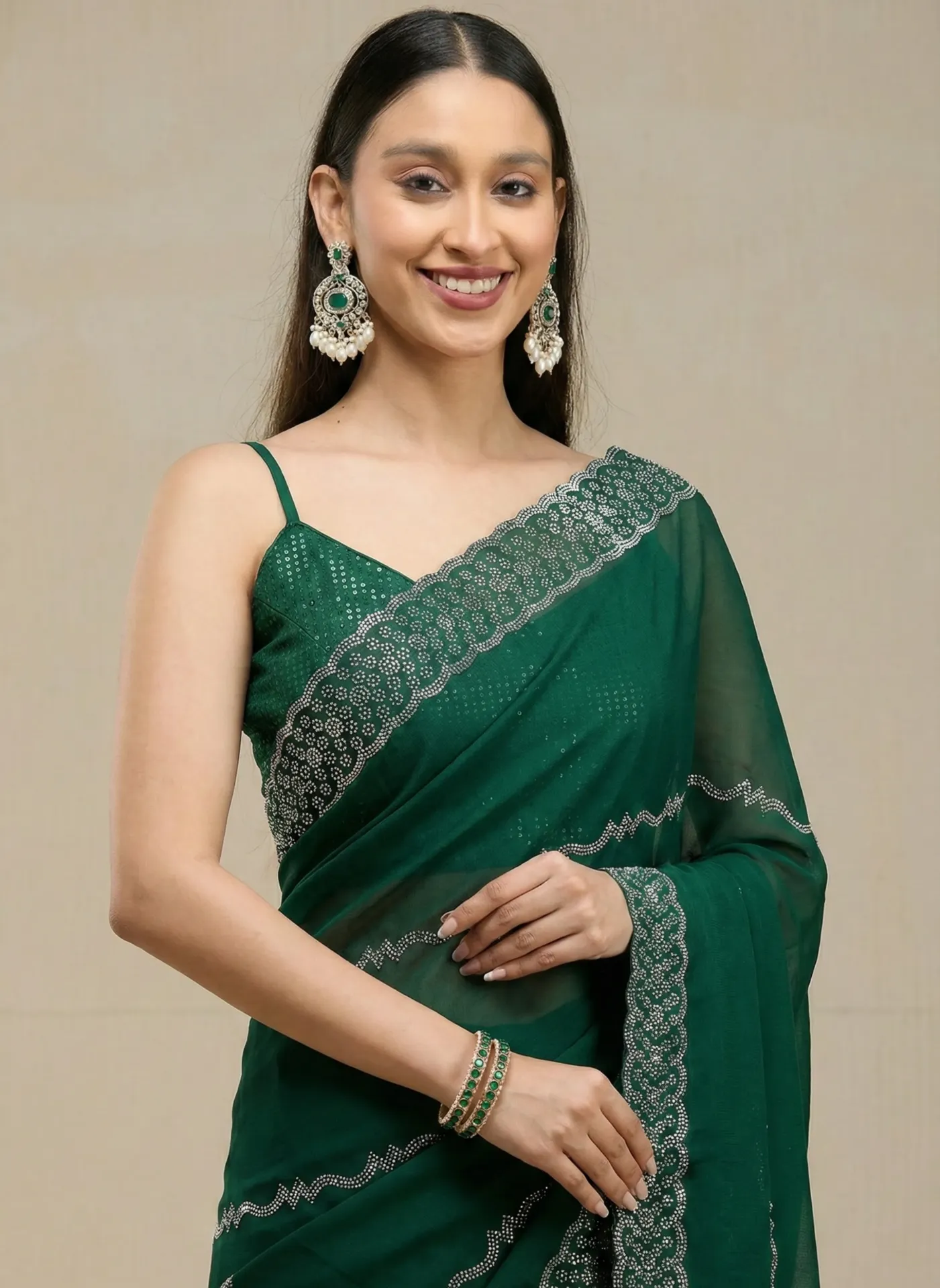 [VC26-JIYA-D54-03] Vervee Couture Bottle Green Georgette Saree | Jiya