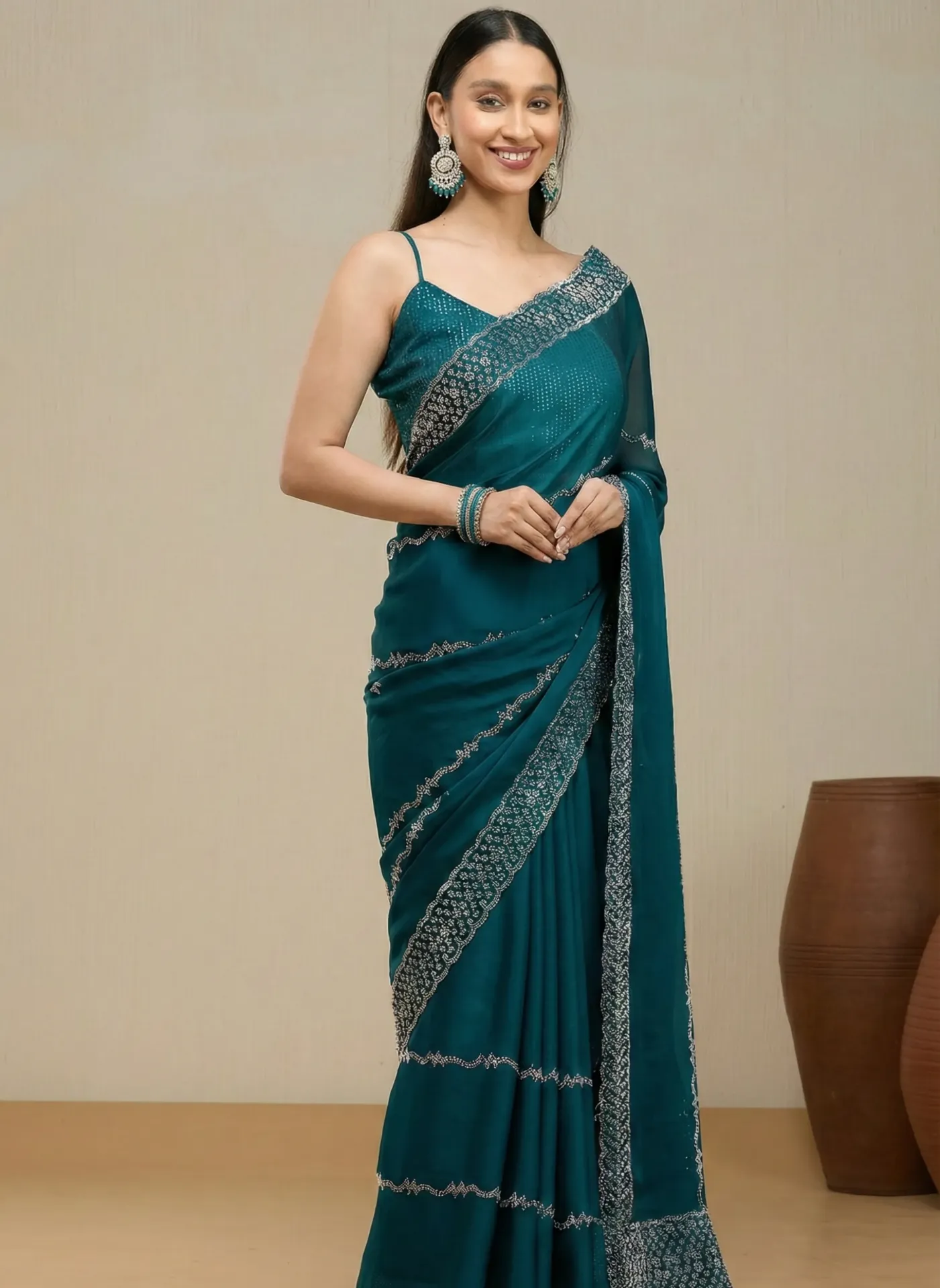 Vervee Couture Teal Blue Georgette Saree | Jiya