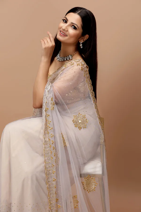 [VC26-IKRAR-D07-03] Vervee Couture Soft Stone Grey Net Saree | Ikrar