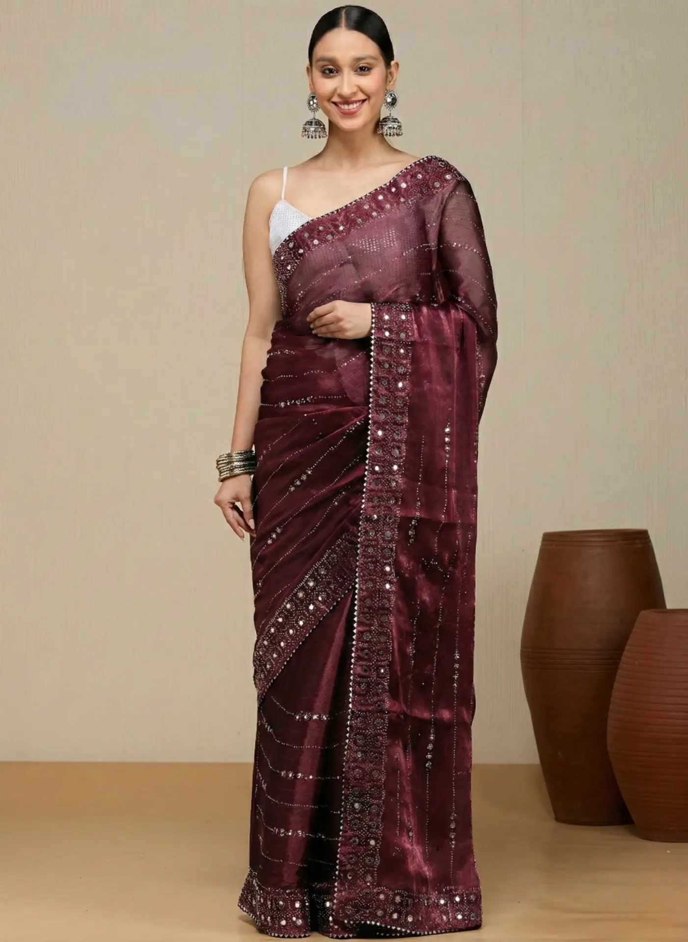 Vervee Couture Deep Wine Maroon Organza Saree | Alika