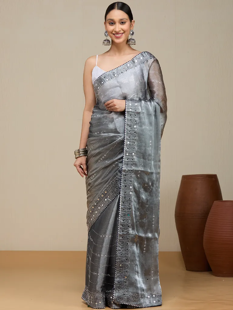 Vervee Couture Jet Grey Organza Saree | Alika