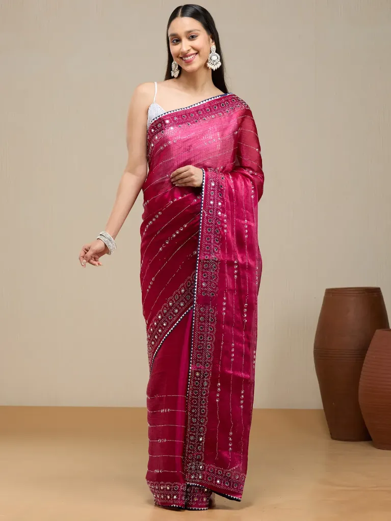 [VC26-ALIKA-D55-03] Vervee Couture Pink Organza Saree | Alika
