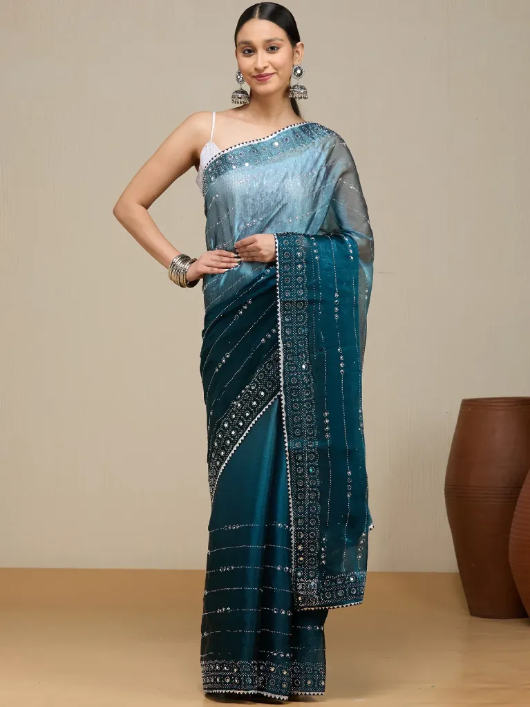 Vervee Couture Teal Green Organza Saree | Alika