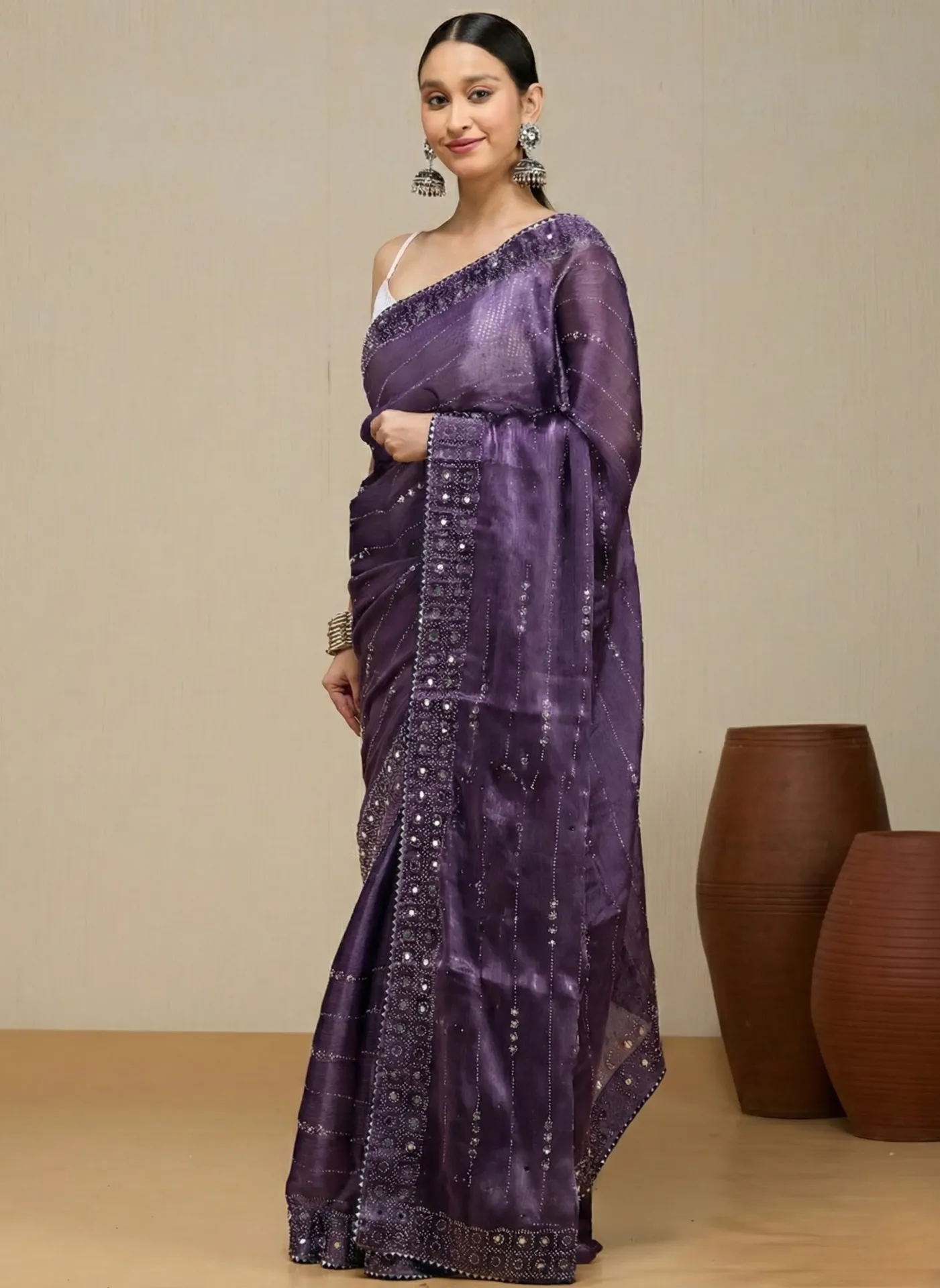 Vervee Couture Deep Wine Organza Saree | Alika